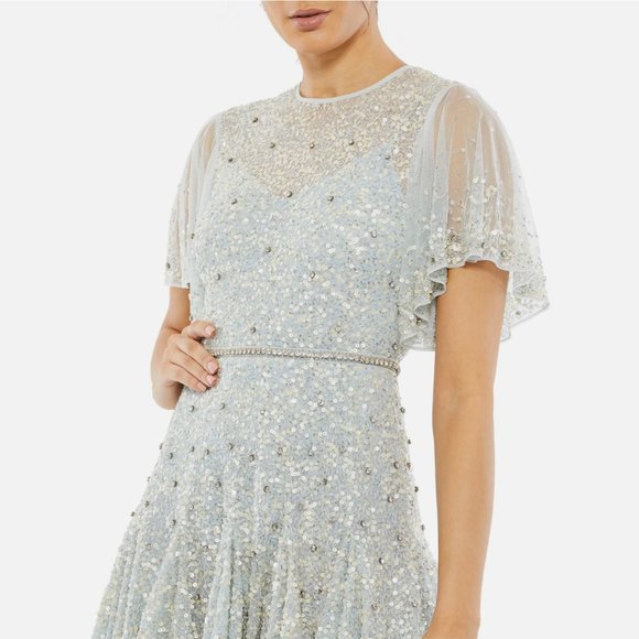 NWT $598 Mac Duggal [ 14 ] Cape Sleeve Beaded Tea A-Line Dress Powder Blue‎ - Picture 2 of 16